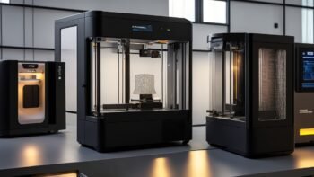 A sleek modern FDM 3D printer in a well-lit industrial design studio actively printing a translucent, intricately detailed object, surrounded by various advanced filament spools and a computer screen displaying slicing software, conveying innovation and smart optimization in 3D printing for 2025.