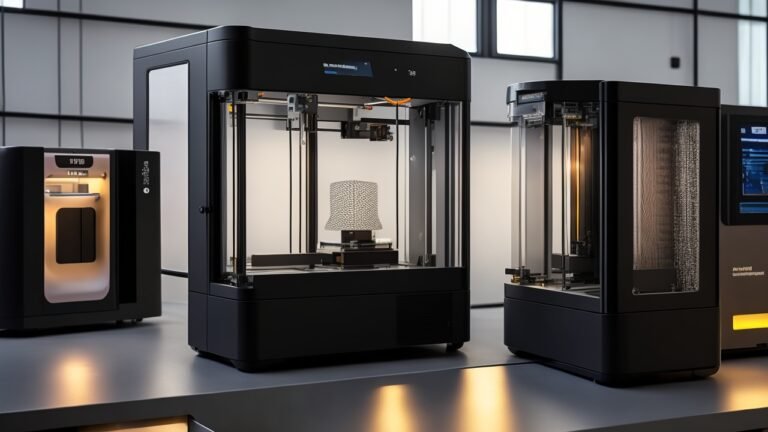 A sleek modern FDM 3D printer in a well-lit industrial design studio actively printing a translucent, intricately detailed object, surrounded by various advanced filament spools and a computer screen displaying slicing software, conveying innovation and smart optimization in 3D printing for 2025.