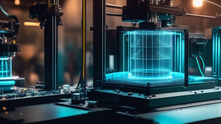 A cinematic close-up of a modern FDM 3D printer actively printing with glowing sustainable filament spools nearby, overlaid subtly by holographic AI-driven software interface visuals and a diverse group of people collaborating around the machine in a sleek, well-lit workshop environment, emphasizing innovation, community, and eco-friendly technology.